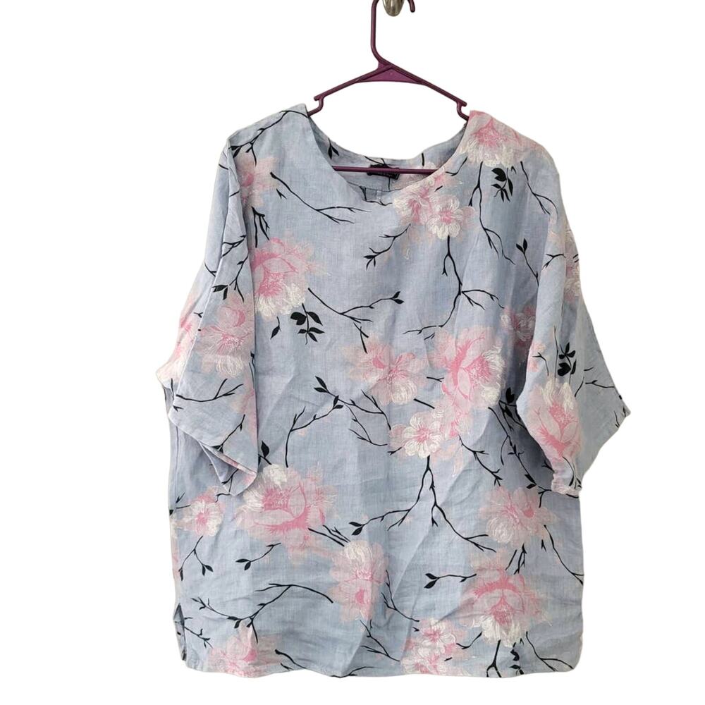 Luca Vanucci‎ Floral Linen Blouse Size Medium Lagenlook Blossom Print Blue Pink